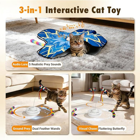 Interactive Cat Toys for Indoor Cats, 3-in-1 Hide and Seek Cat Toy with Fluttering Butterfly & Moving Concealed Feathers, 3 Prey Sounds, Rechargeable Auto Play Mat for Bored Adult Cats/Kittens (Blue)