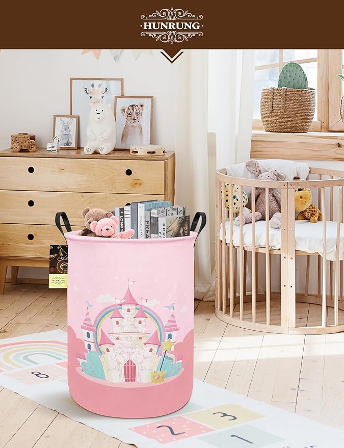 Laundry Hamper,Large Canvas Fabric Lightweight Storage Basket Toy Organizer Dirty Clothes Collapsible Waterproof for College Dorms(Pink Castle)