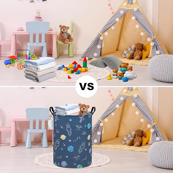 Storage Basket, Nursery Hamper Canvas Laundry Basket Foldable with Waterproof PE Coating Large Storage Baskets for Kids Boys and Girls, Office, Bedroom, Clothes,Toys（Colorful Space ）