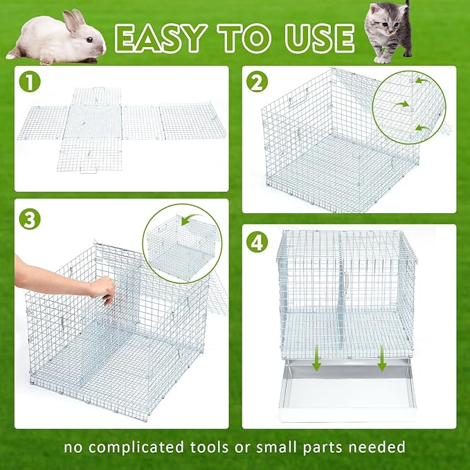 DoubleFill 2 Hole Folding Rabbit Transport Cage, Portable 18 x 18 x 14 in Bunny Carrier with Tray and Handles for Travel or Temporary Housing, Indoor Outdoor Pet Habitat Animal Enclosure