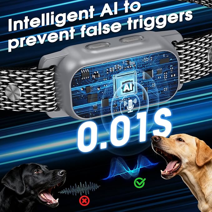 Smart Dog Bark Collar for Large Small Medium Dog, Rechargeable AI Chip Antibarking Collars,4 Operable Working Modes, IP67 Waterproof Barking Collar with Intelligent Mis-Trigger Prevention (Grey)