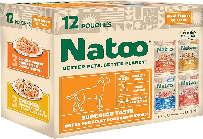 NATOO Dog Food Topper Variety Pack for Picky Eaters, Protein Boost Mix-Ins for Dry Food, Wet Meal Toppers for Dogs and Puppies, Limited Ingredient, 3oz Pouches, 12 Pack (4 Flavors)