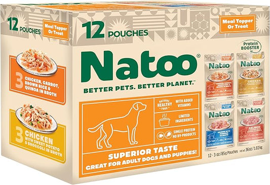 NATOO Dog Food Topper Variety Pack for Picky Eaters, Protein Boost Mix-Ins for Dry Food, Wet Meal Toppers for Dogs and Puppies, Limited Ingredient, 3oz Pouches, 12 Pack (4 Flavors)