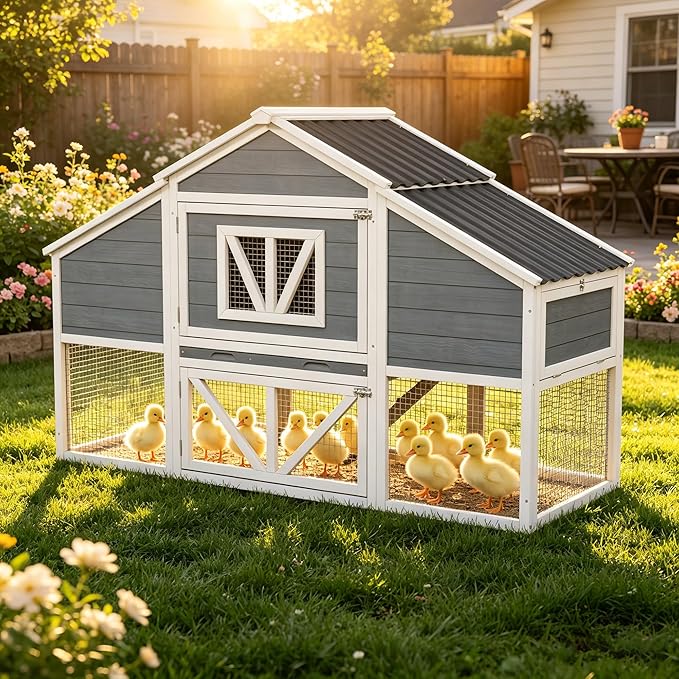 Large Duck Coop Outdoor with Run, Weatherproof 4-6 Chickens Hen House with Nesting Boxes, Wooden Rabbit Hutch Poultry Bunny Cage, Removable Tray for Easy Cleaning in Grey with White