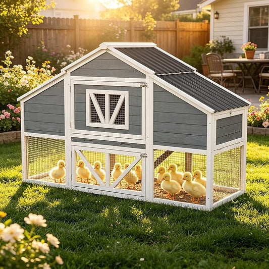 Large Duck Coop Outdoor with Run, Weatherproof 4-6 Chickens Hen House with Nesting Boxes, Wooden Rabbit Hutch Poultry Bunny Cage, Removable Tray for Easy Cleaning in Grey with White