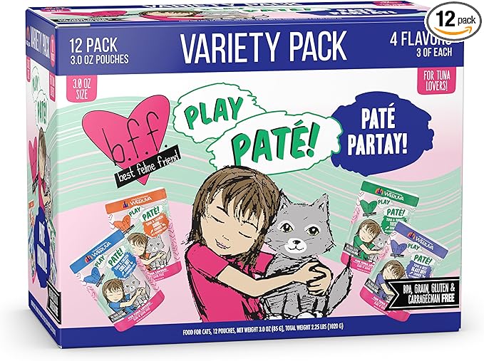 Weruva B.F.F. Play - Best Feline Friend Paté Lovers, Aw Yeah!, Paté Partay! Variety Pack, 3oz Pouch (Pack of 12)