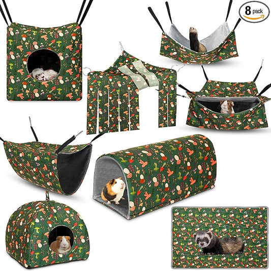Geelin 8 in 1 Rat Hammock Ferret Hammock Guinea Pig House Hideout Ferret Cave Beds Washable Chinchilla Hamster Cage Accessories Bed Toys for Summer Small Animals Pet Bunny Squirrel