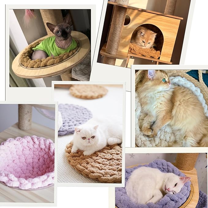 Cat Self-Warming Knitted Bed Mat, Extra-Soft Warm Round Washable Pads Cushions for Indoor Kittens & Kitty Small Pets Cat Trees (Yellow,Medium)