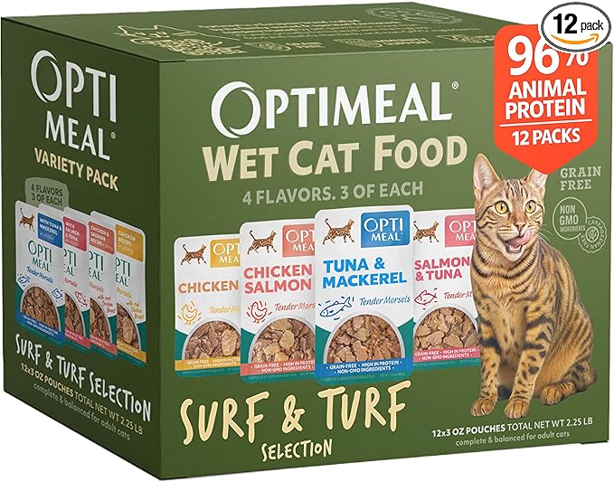 Optimeal Wet Cat Food Variety Pack - Surf & Turf Selection, Grain Free Tender Morsels, High Protein Premium Nutrition Made with Natural European Ingredients, Adult Cat Pouches 3oz (Pack of 12)
