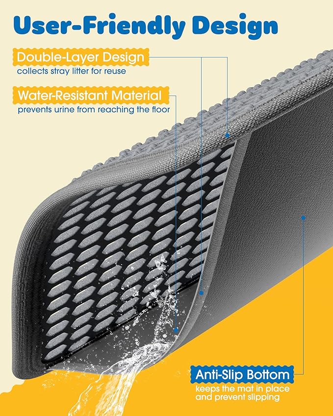 Powools 27" x 19" Cat Litter Mat - Ultra-Large Litter Box Mat with Double Layers, Urine-Proof and Non-Slip Litter Trapping Mat, Easy to Clean Kitty Litter Mats for Floor, Scatter Control, Grey