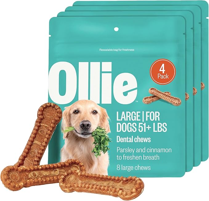 Ollie Dental Chews for Large Dogs, 4 Pack, Fresh Breath, Teeth Cleaning Treats, Sticks for Dog Oral Care, with Parsley and Cinnimon, for Pups 51 lbs and Above