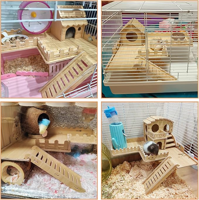 Fhiny Wooden Platform for Cage, Hanging Gerbil Climbing Platform with Ladder & Fence - Hamster Activity Playground Habitat Decor Cage Accessories for Dwarf Hamster, Gerbil, Mice, Rat, Mouse