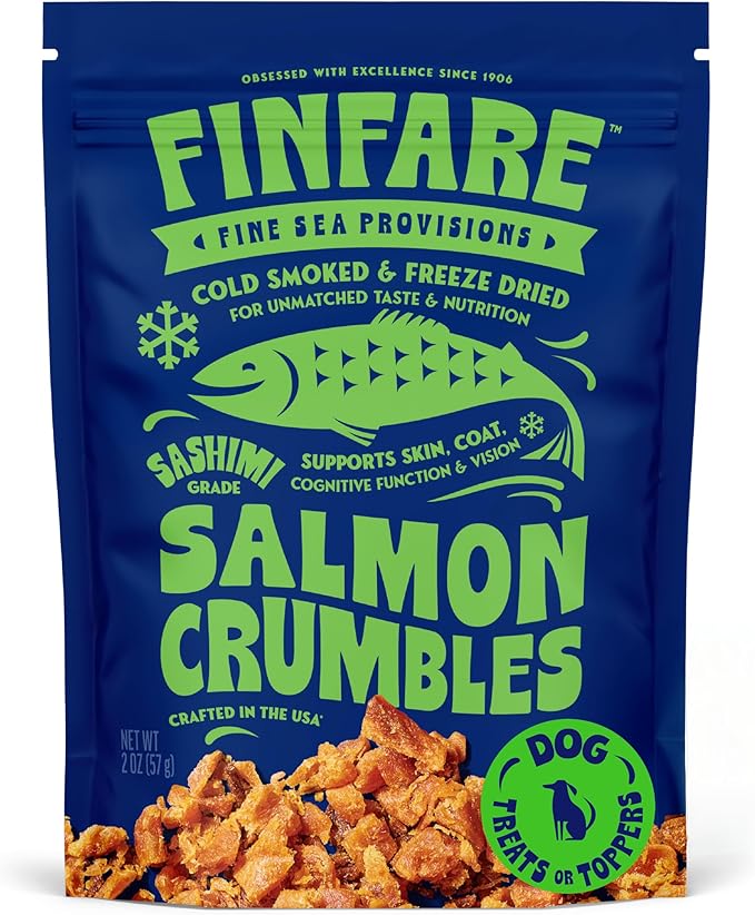 Finfare Freeze Dried Dog Food Toppers, Salmon Crumbles, Protein & Omega-3s, Grain Free Salmon Training Treats and Meal Toppers for Dogs, Crafted in USA, 2oz