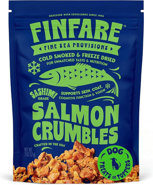 Finfare Freeze Dried Dog Food Toppers, Salmon Crumbles, Protein & Omega-3s, Grain Free Salmon Training Treats and Meal Toppers for Dogs, Crafted in USA, 2oz