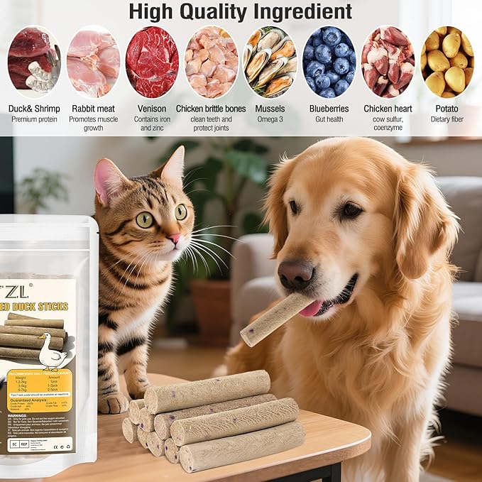 TZL Freeze Dried Duck Stick Cat Treats, High Protein Healthy Treats for Cats & Dogs, Natural Teeth Cleaning Snacks, Gluten& Grain Free