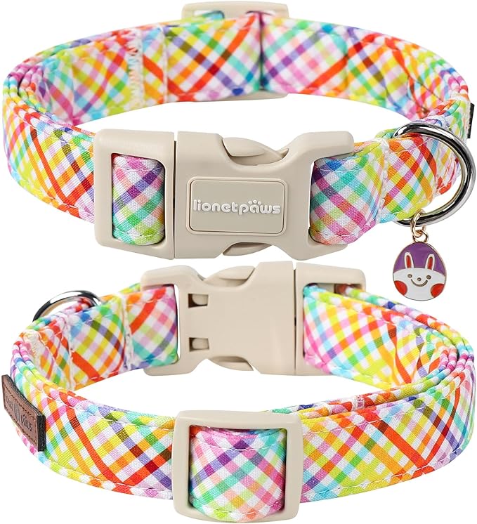 Lionet Paws Easter Dog Collar, Comfortable Adjustable Colorful Plaid Collar with Purple Rabbit for Large Male Female Dogs Collars,Neck 16-24 inches