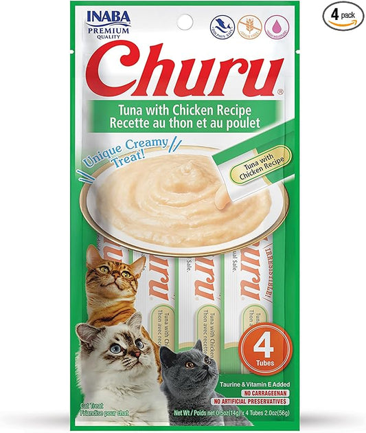 INABA Churu Lickable Purée Natural Cat Treats (Tuna with Chicken Recipe, 4 Tubes)