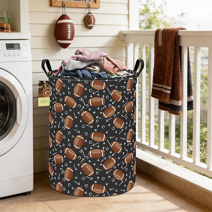 Collapsible Fabric Storage Basket, Waterproof Laundry Hamper with Handles, Round Storage Bin for Clothes Toys, Foldable Organizer for Bedroom Nursery Bathroom(Round-Rugby)