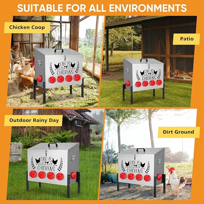 95 lb Chicken Feeder with 10 No-Waste Ports – Extra-Large Galvanized Metal Poultry Feeder with Adjustable Height Heavy-Duty Stand – Outdoor Feed Box for Chickens, Ducks & Geese