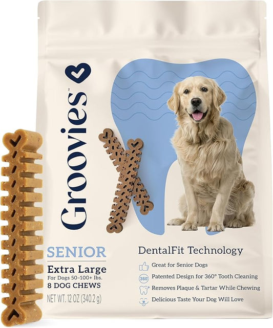 Groovies Senior XLarge Dog Dental Chews for Dogs, Patented DentalFit Technology for Plaque & Tartar Support, Flexible Texture for Easy Chewing, Chicken Flavor, USA Manufactured,50–100 lb Dogs,8 Count