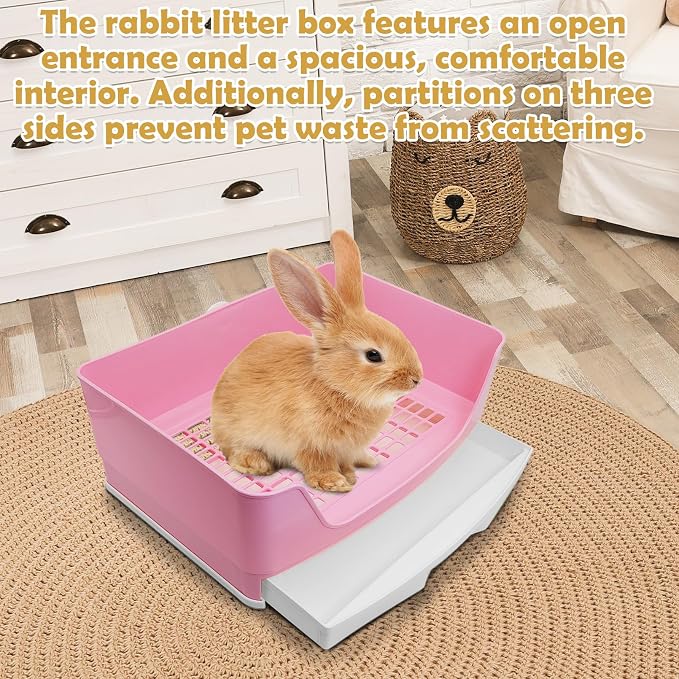 kathson 2PCS Large Rabbit Litter Box Trainer, Potty Corner Toilet with Drawer Bigger Pet Pan for Adult Hamster, Guinea Pig, Ferret, Galesaur, Bunny and Other Animals (Pink,Brown)