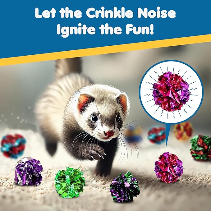 SunGrow Ferret Mylar Crinkle Balls, for Exercise to Keep Fit, Lightweight, Multicolor Shiny Foil with Crinkly Sound for Indoor Pet (12 pcs)
