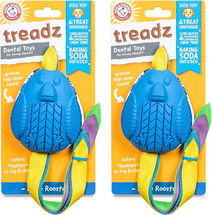Arm and Hammer for Pets Super Treadz Large Rooster Dental Chew Toy for Dogs - Reduces Plaque and Tartar Without Brushing, Baking Soda Infused, Dishwasher Safe, Dogs Up to 35 Lbs - 2 Pack