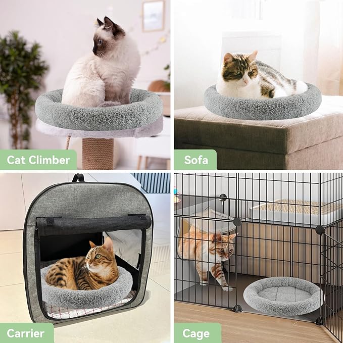 LESYPET Round Cat Bed for Cats Small Dogs, 19'' W×2'' H Cat Donut Beds for Indoor Cats Raised Pillow Pet Mat Non-Slip Bottom Machine Washable, Grey
