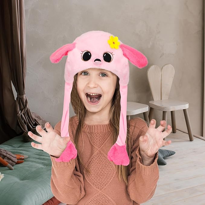 Bubblepompom Animal Hat with Ears Moving Jumping Pop Up Beating Hat Plush Holiday Cosplay Dress Up Funny Gift for Kids