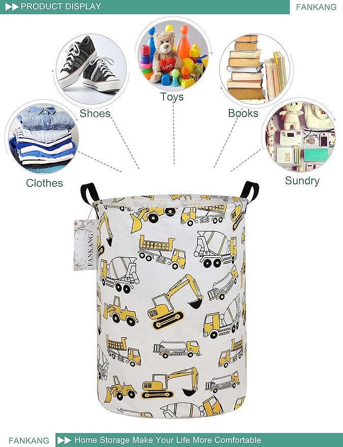 Storage Basket, Nursery Hamper Canvas Laundry Basket Foldable with Waterproof PE Coating Large Storage Baskets for Kids Boys and Girls, Office, Bedroom, Clothes,Toys（excavator）
