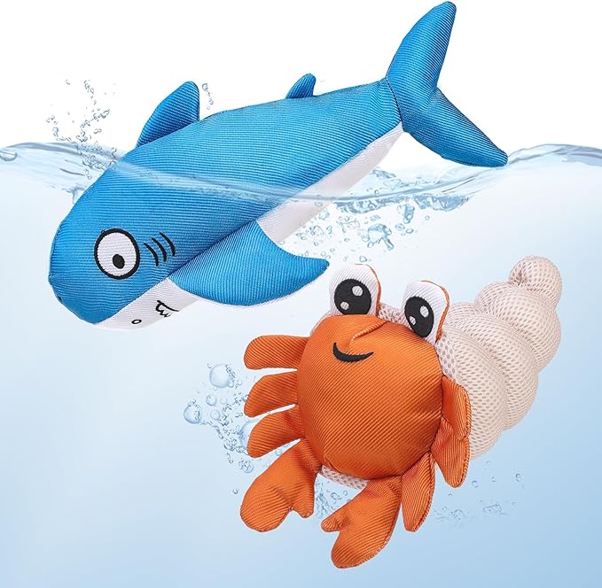 PUPTECK Floating Pool Toys for Dogs - 2 Pack Squeaky Pet Water Toys for Fetch & Training, Interactive Summer Outdoor for Large Small Medium Dogs, Shark & Hermit Crab