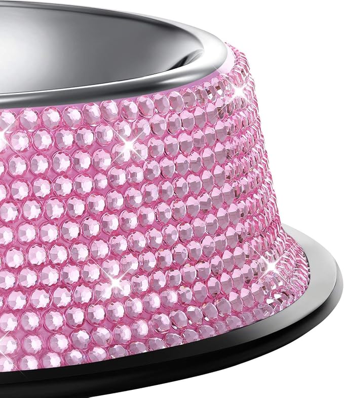 SAVORI Bling Dog Bowls Pink, 640ML Handmade Bling Rhinestones Stainless Steel Pet Bowls Double Food Water Feeder for Puppy Cats Dogs - Set of 2