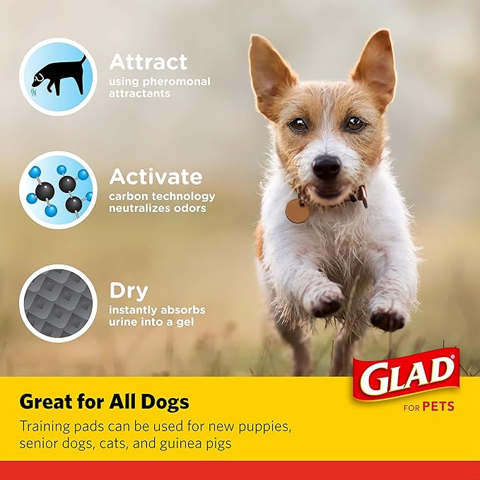 Glad for Pets Black Charcoal Puppy Pads, 23 x 23 Inch, 6-Layer Leak-Resistant Design, Activated Carbon Odor Control, Pheromone Attractant for Potty Training, 150 Count