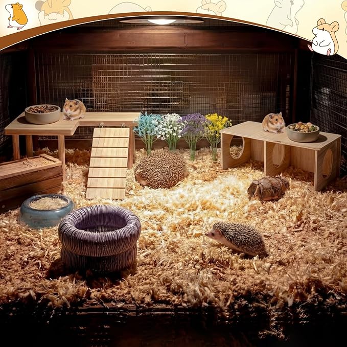 22 Pcs Hamster Platform Set Includes 1 Hamster Platform with Legs 1 Wooden 2-chamber Hideout Tubes Tunnels 20 Handcrafted Flowers Hamsters Accessories for Dwarfs Rats Gerbils Mice Syrian Habitat Decor