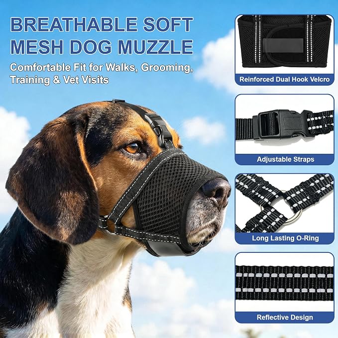 Soft Dog Muzzles for Small Medium Large Dogs, Mesh Soft Mouth Guard for Chewing and Barking Prevention, Adjustable Hook and Loop Loop with Reflective Strap for Grooming, Vet Visits & Walks (Black, S)