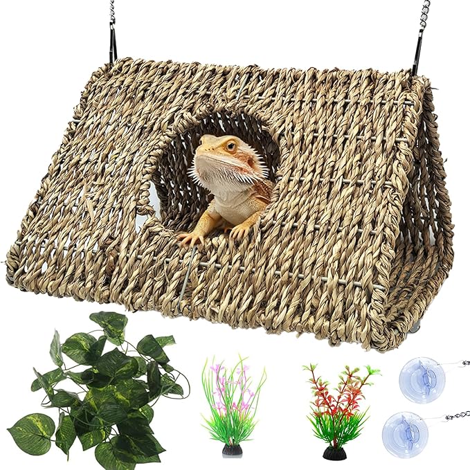 Reptile Hide Cave,Hollow Gecko Hide,Hanging Seagrass Fiber Bearded Dragon Hammock Swing Lizard Cage Climbing Toys with Suction Cups&Chains,Reptile Tank Decor with Simulation Plants-Triangle L