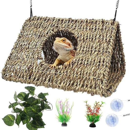 Reptile Hide Cave,Hollow Gecko Hide,Hanging Seagrass Fiber Bearded Dragon Hammock Swing Lizard Cage Climbing Toys with Suction Cups&Chains,Reptile Tank Decor with Simulation Plants-Triangle L