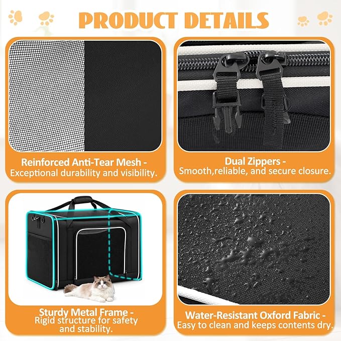Extra Large Cat Carrier with Built-in Litter Box for Car Travel & Road Trips, Expands to 36"x17"x17", Soft-sided Foldable Travel Crate for 1-2 Large Cats, Multi-entry, Ventilated Mesh, Seat Belt Ready