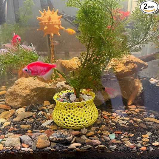 HOZOE Aquarium Submerged Plant Pot, Underwater Plant Anchor, Fish Tank Aquatic Plante, Aquarium Landscaping Decoration, Decorative Accessories - 2-Piece Set (Yellow)