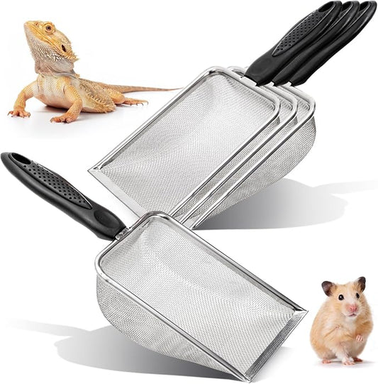 Hiceeden 4 Pcs Stainless Steel Small Mesh Scooper, Hamster Fine Sand Bath Scooper, Reptile Rabbit Litter Sand Waste Scoop, Beach Mesh Shovel for Shell Collecting, Shark Tooth Sifter, 1mm Hole