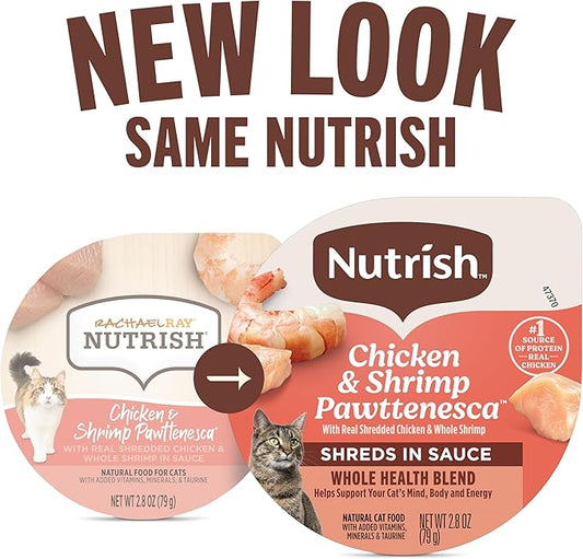 Nutrish Grain Free Wet Cat Food Chicken & Shrimp Pawttenesca Whole Health Blend with Real Shredded Chicken & Whole Shrimp in Sauce, 2.8 oz. Cup (Rachael Ray) (Pack of 12)