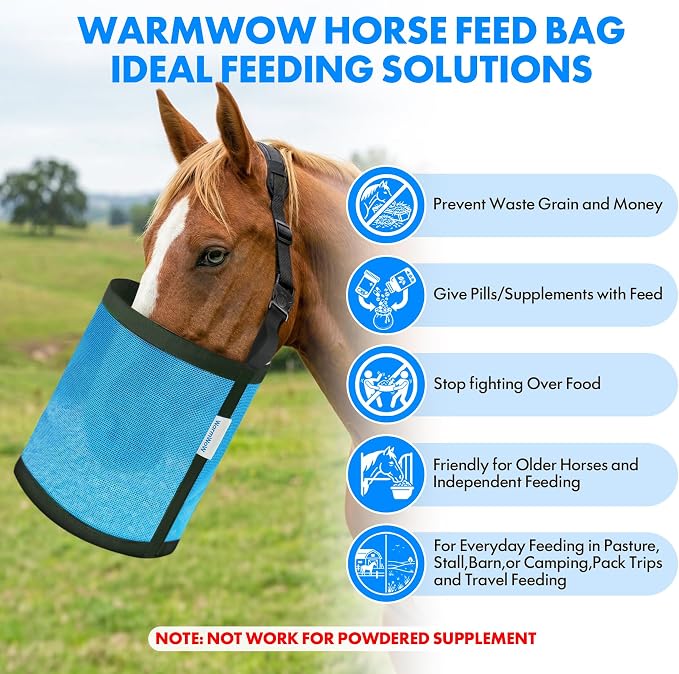 Horse Feed Bag Pack of 2 (Reinforced Bottom Edging), Feed Bags for Horses with Ventilation Mesh, Comfort Nose Pad Neck Pad, Adjustable Strap, Spill Proof Design for Feeding Grain, Supplements