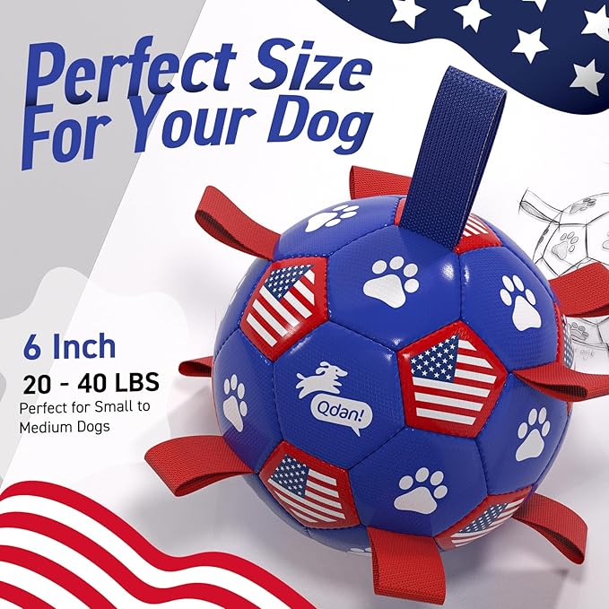 QDAN Dog Toys, Soccer Ball with Straps, Durable Dog Balls for Small Medium, Beach Pool Dog Water Toy (6 Inch)