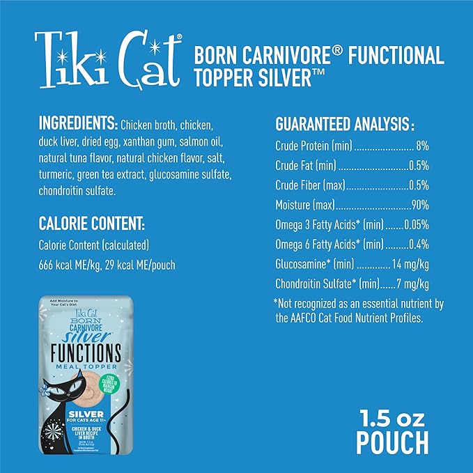 Tiki Cat Born Carnivore Silver Functional Wet Cat Food Topper for Senior Cats, 1.5 oz. Pouch (12 Count)