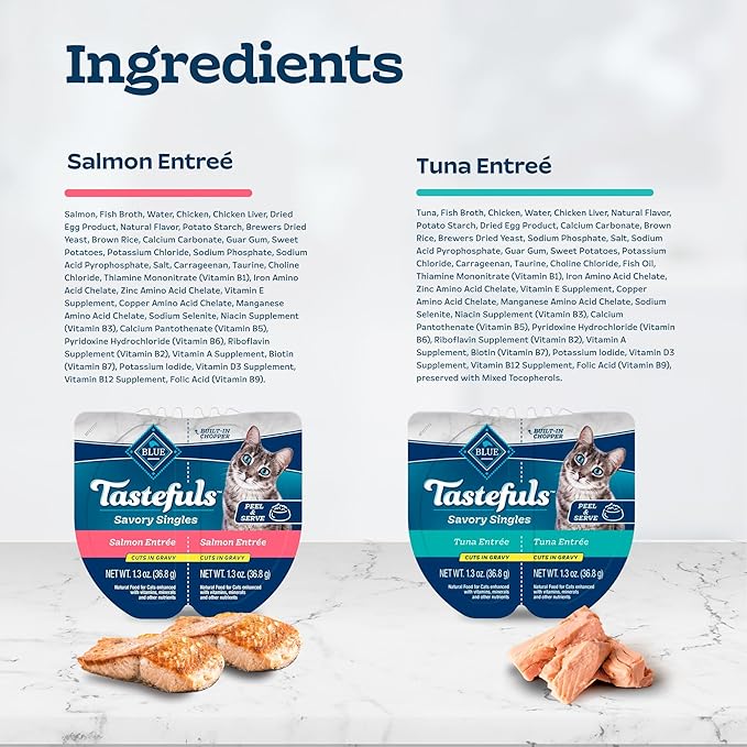 Blue Buffalo Tastefuls Savory Singles Natural Wet Cat Food Cuts in Gravy, Salmon and Tuna Variety Pack, 2.6-oz. Trays, 12-Count