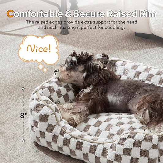 JOEJOY Dog Bed for Large Medium Small Dogs - Rectangle Orthopedic Dog Sofa Bed, Cute Modern Puppy Bed with Jacquard Shaggy Plush & Anti Slip Bottom, 30x24x9inches, Cofffee