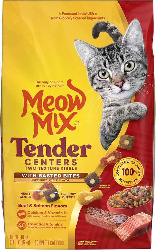 Meow Mix Tender Centers with Basted Bites, Beef & Salmon Flavors, Dry Cat Food, 3 lb. Bag