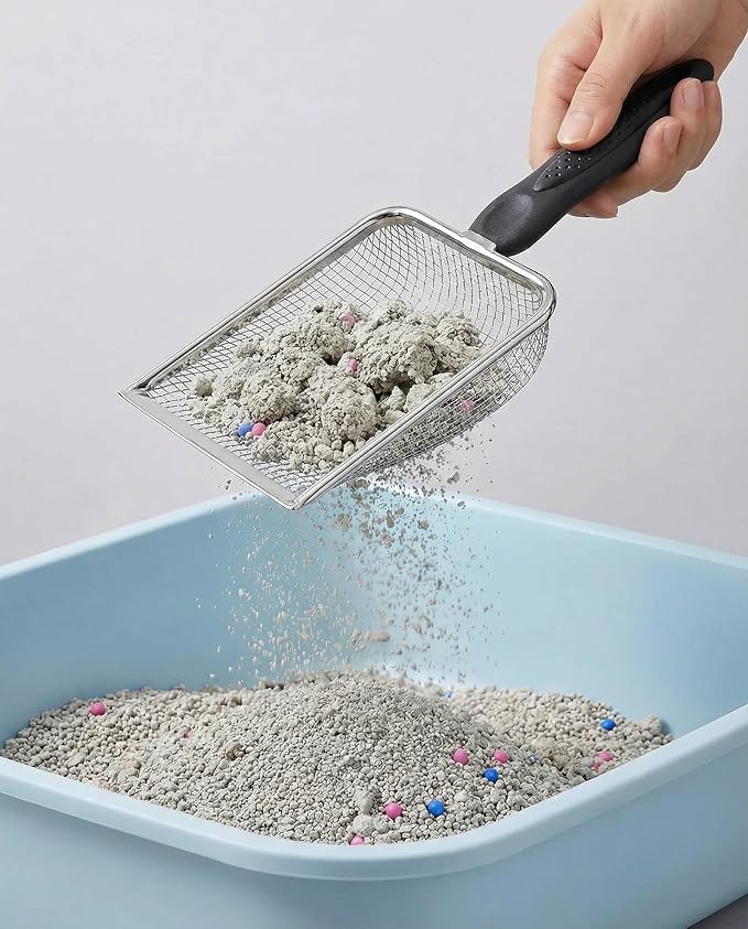 2Pcs Metal Litter Scooper Stainless Steel Metal Cat Litter Poop Scoop with 2.0mm & 3.8mm Mesh,Litter Cleaner Sifter for Cat,Dog,Kitty,Rabbit,Hamster, Reptile