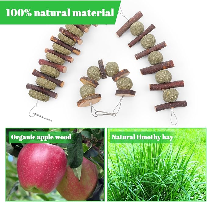 7 Pcs Bunny Chew Toys, Natural Apple Wood Hanging Rabbit Chew Toy Treats for Guinea Pigs Hamsters Chinchilla Ferret Rats, Improve Small Animal Dental Health for Teeth Grinding