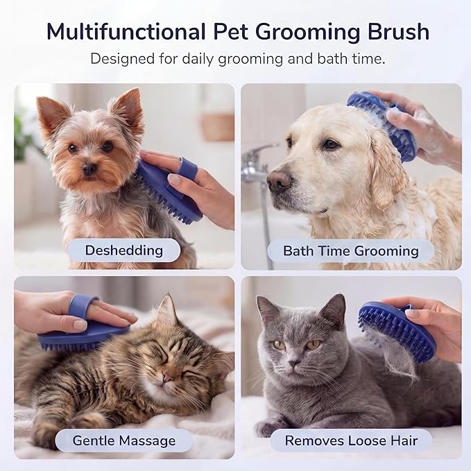 Pets&Goods Rubber Grooming Brush for Dogs & Cats - Gentle Deshedding Bath Brush for Short & Medium Hair - Soft Bristles, Anti-Slip Grip, Easy to Clean